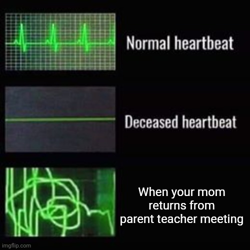 Are we all the same | When your mom returns from parent teacher meeting | image tagged in heartbeat rate | made w/ Imgflip meme maker