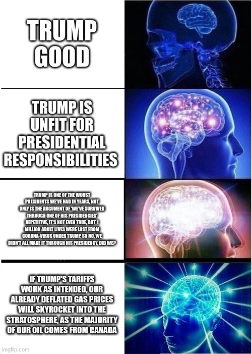 God, some of us are so blind | TRUMP GOOD; TRUMP IS UNFIT FOR PRESIDENTIAL RESPONSIBILITIES; TRUMP IS ONE OF THE WORST PRESIDENTS WE'VE HAD IN YEARS, NOT ONLY IS THE ARGUMENT OF 'WE'VE SURVIVED THROUGH ONE OF HIS PRESIDENCIES' REPETITIVE, IT'S NOT EVEN TRUE, BUT 1 MILLION ADULT LIVES WERE LOST FROM CORONA-VIRUS UNDER TRUMP, SO NO, WE DIDN'T ALL MAKE IT THROUGH HIS PRESIDENCY, DID WE? IF TRUMP'S TARIFFS WORK AS INTENDED, OUR ALREADY DEFLATED GAS PRICES WILL SKYROCKET INTO THE STRATOSPHERE, AS THE MAJORITY OF OUR OIL COMES FROM CANADA | image tagged in memes,expanding brain,donald trump,trump is a moron | made w/ Imgflip meme maker