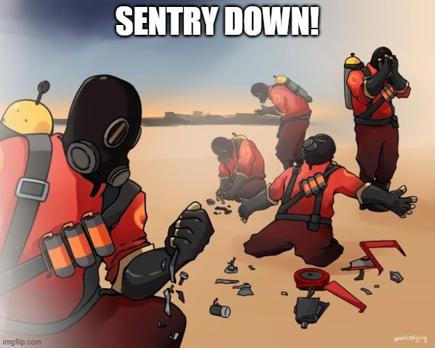 pyro despair | SENTRY DOWN! | image tagged in pyro despair | made w/ Imgflip meme maker