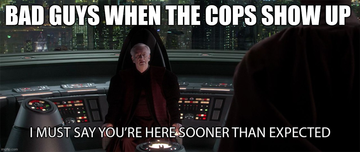 chancellor palpatine | BAD GUYS WHEN THE COPS SHOW UP | image tagged in chancellor palpatine | made w/ Imgflip meme maker