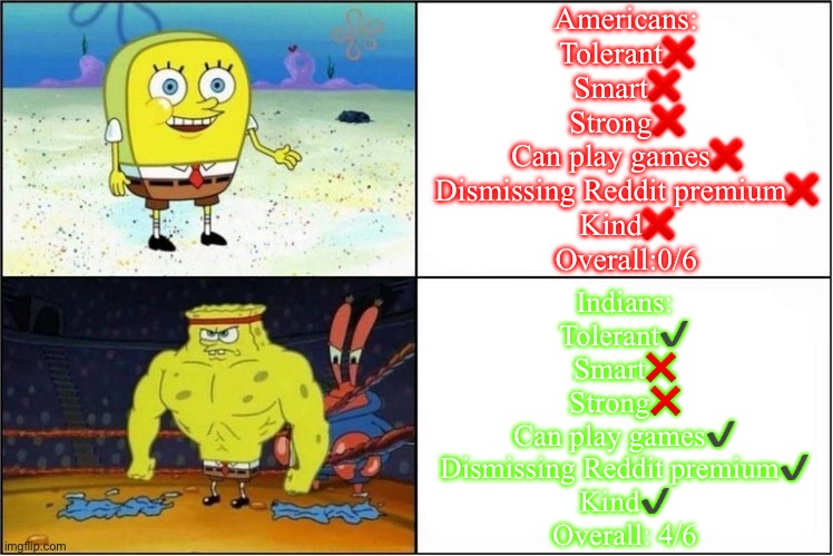 Cry Indian haters | Americans:
Tolerant❌
Smart❌
Strong❌
Can play games❌
Dismissing Reddit premium❌
Kind❌

Overall:0/6; Indians:
Tolerant✔️
Smart❌
Strong❌
Can play games✔️
Dismissing Reddit premium✔️
Kind✔️

Overall: 4/6 | image tagged in weak vs strong spongebob | made w/ Imgflip meme maker