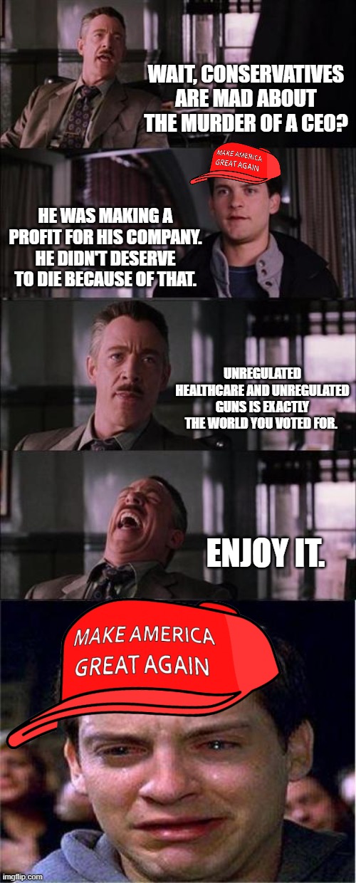 Peter Parker Cry | WAIT, CONSERVATIVES ARE MAD ABOUT THE MURDER OF A CEO? HE WAS MAKING A PROFIT FOR HIS COMPANY. HE DIDN'T DESERVE TO DIE BECAUSE OF THAT. UNREGULATED HEALTHCARE AND UNREGULATED GUNS IS EXACTLY THE WORLD YOU VOTED FOR. ENJOY IT. | image tagged in memes,peter parker cry | made w/ Imgflip meme maker