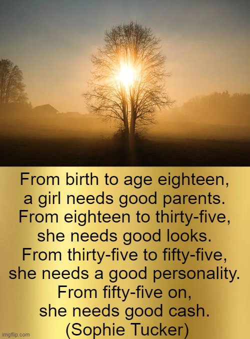 Quote of the Day | From birth to age eighteen, 
a girl needs good parents. 

From eighteen to thirty-five, 
she needs good looks. 

From thirty-five to fifty-five, 
she needs a good personality. 

From fifty-five on, 
she needs good cash. 

(Sophie Tucker) | image tagged in sophie tucker,girls,women,truth,quotes | made w/ Imgflip meme maker