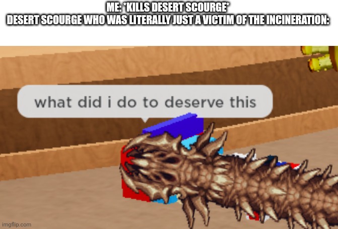 what did i do to deserve this | ME: *KILLS DESERT SCOURGE*
DESERT SCOURGE WHO WAS LITERALLY JUST A VICTIM OF THE INCINERATION: | image tagged in what did i do to deserve this | made w/ Imgflip meme maker