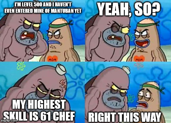 Right This Way Sir | YEAH, SO? I'M LEVEL 500 AND I HAVEN'T EVEN ENTERED MINE OF MANTUBAN YET; MY HIGHEST SKILL IS 61 CHEF; RIGHT THIS WAY | image tagged in right this way sir | made w/ Imgflip meme maker