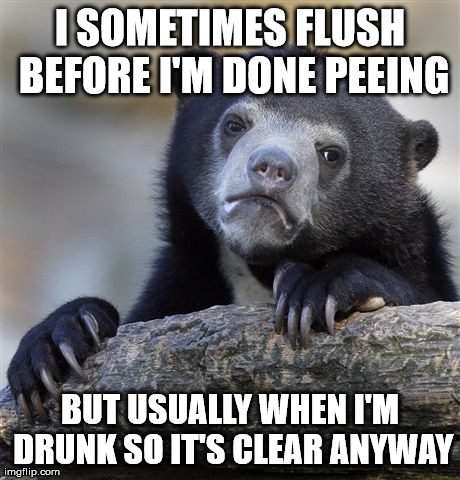 Confession Bear Meme | I SOMETIMES FLUSH BEFORE I'M DONE PEEING BUT USUALLY WHEN I'M DRUNK SO IT'S CLEAR ANYWAY | image tagged in memes,confession bear,AdviceAnimals | made w/ Imgflip meme maker