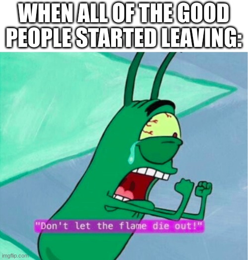 Dont let the flame die out | WHEN ALL OF THE GOOD PEOPLE STARTED LEAVING: | image tagged in dont let the flame die out,meme | made w/ Imgflip meme maker