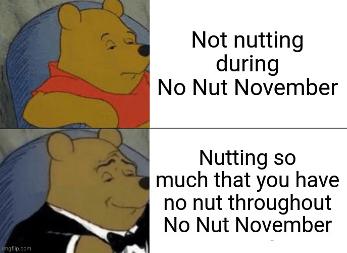 Tuxedo Winnie The Pooh Meme | Not nutting during No Nut November; Nutting so much that you have no nut throughout No Nut November | image tagged in memes,tuxedo winnie the pooh | made w/ Imgflip meme maker