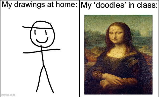 “The Art of Boredom” | My drawings at home:; My ‘doodles’ in class: | image tagged in side-by-side panels | made w/ Imgflip meme maker