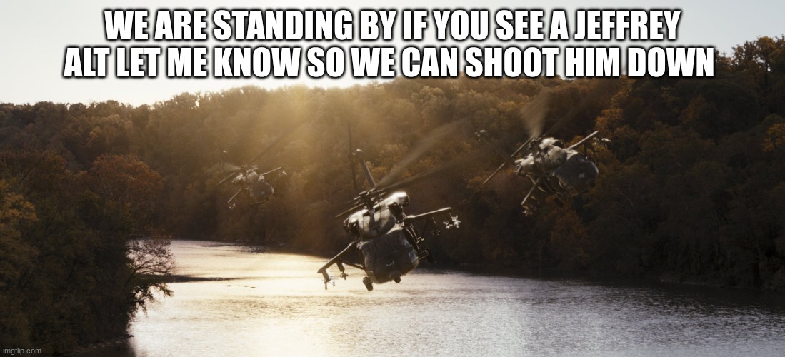 helicopter | WE ARE STANDING BY IF YOU SEE A JEFFREY ALT LET ME KNOW SO WE CAN SHOOT HIM DOWN | image tagged in helicopter | made w/ Imgflip meme maker