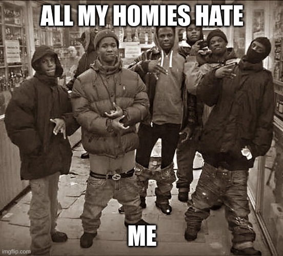 All My Homies Hate | ALL MY HOMIES HATE; ME | image tagged in all my homies hate | made w/ Imgflip meme maker