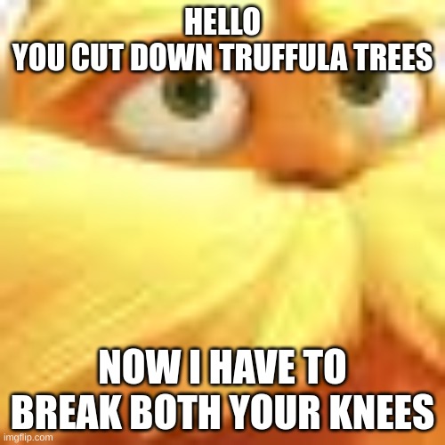 loxar | HELLO
YOU CUT DOWN TRUFFULA TREES; NOW I HAVE TO BREAK BOTH YOUR KNEES | image tagged in lorax | made w/ Imgflip meme maker