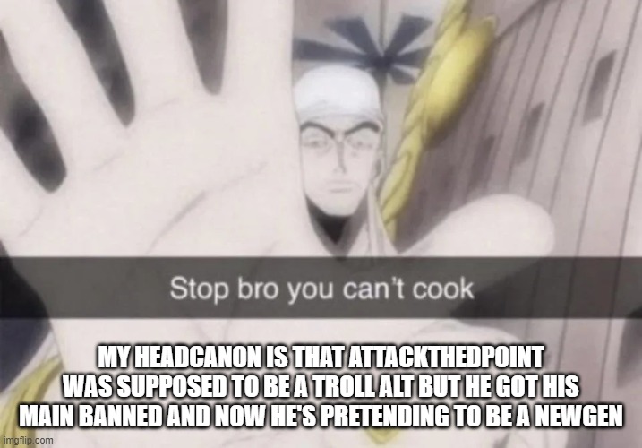 Stop bro you can't cook | MY HEADCANON IS THAT ATTACKTHEDPOINT WAS SUPPOSED TO BE A TROLL ALT BUT HE GOT HIS MAIN BANNED AND NOW HE'S PRETENDING TO BE A NEWGEN | image tagged in stop bro you can't cook | made w/ Imgflip meme maker