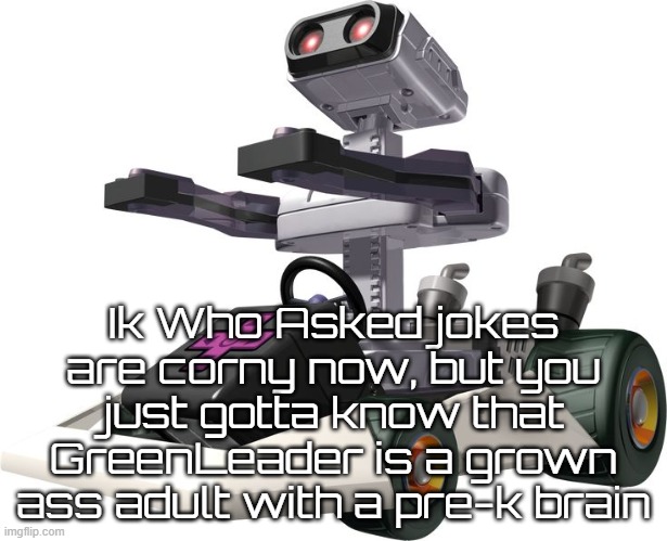 He doesn't understand anything past "Who asked" | Ik Who Asked jokes are corny now, but you just gotta know that GreenLeader is a grown ass adult with a pre-k brain | image tagged in r o b mario kart ds | made w/ Imgflip meme maker