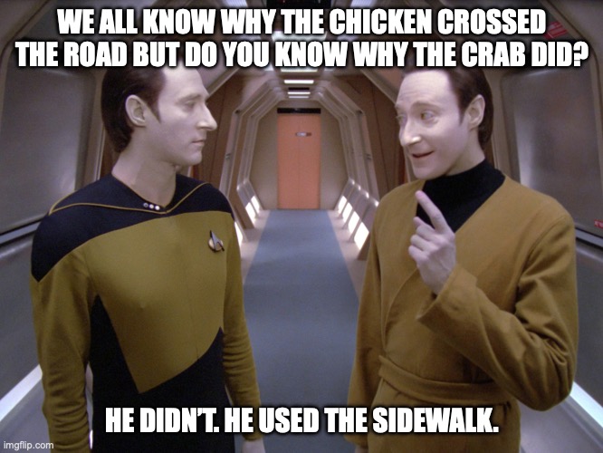 Lore asks Data why the crab crossed the road | WE ALL KNOW WHY THE CHICKEN CROSSED THE ROAD BUT DO YOU KNOW WHY THE CRAB DID? HE DIDN’T. HE USED THE SIDEWALK. | image tagged in data lore | made w/ Imgflip meme maker