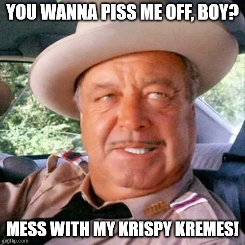 Sheriff Buford T. Justice You Sum Bitch | YOU WANNA PISS ME OFF, BOY? MESS WITH MY KRISPY KREMES! | image tagged in sheriff buford t justice you sum bitch | made w/ Imgflip meme maker