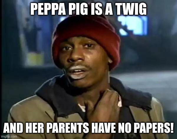 Nonsensical Meme About Peppa Pig | PEPPA PIG IS A TWIG; AND HER PARENTS HAVE NO PAPERS! | image tagged in memes,y'all got any more of that | made w/ Imgflip meme maker