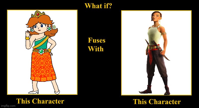 Princess Daisy Fuses With Namaari | image tagged in what if fuses,princess daisy,namaari,super mario bros,raya and the last dragon,disney princess | made w/ Imgflip meme maker