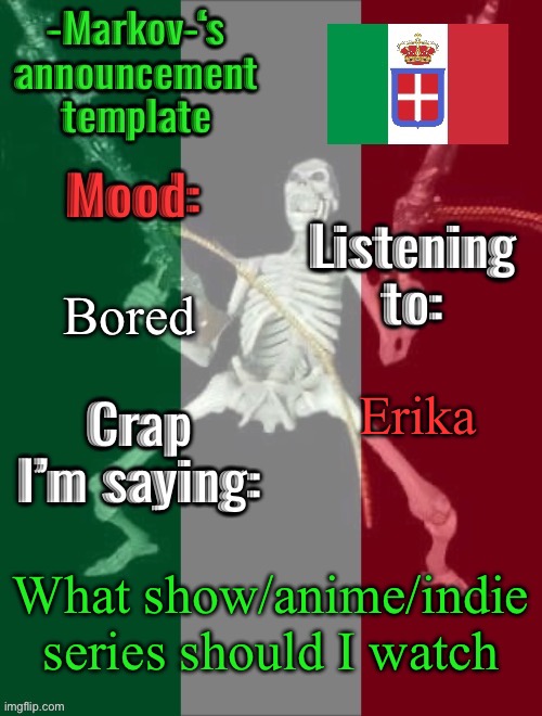 What should I watch | Bored; Erika; What show/anime/indie series should I watch | image tagged in -markov- s announcement template,msmg | made w/ Imgflip meme maker