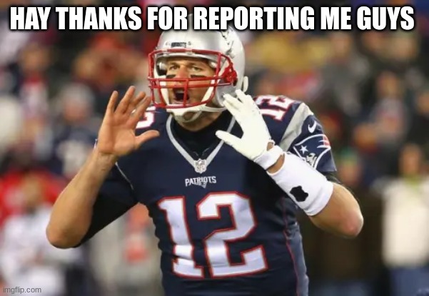 tom brady | HAY THANKS FOR REPORTING ME GUYS | image tagged in tom brady | made w/ Imgflip meme maker