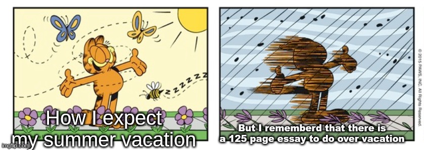 garfield expectation reality | How I expect my summer vacation; But I rememberd that there is a 125 page essay to do over vacation | image tagged in garfield expectation reality | made w/ Imgflip meme maker