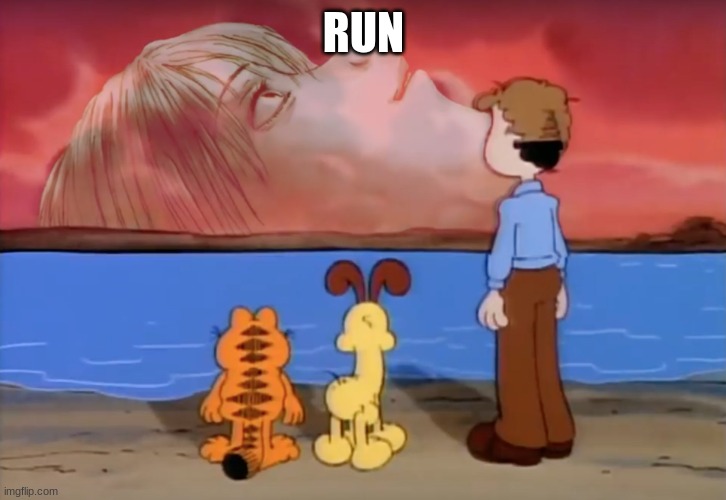 end of garfield | RUN | image tagged in end of garfield | made w/ Imgflip meme maker