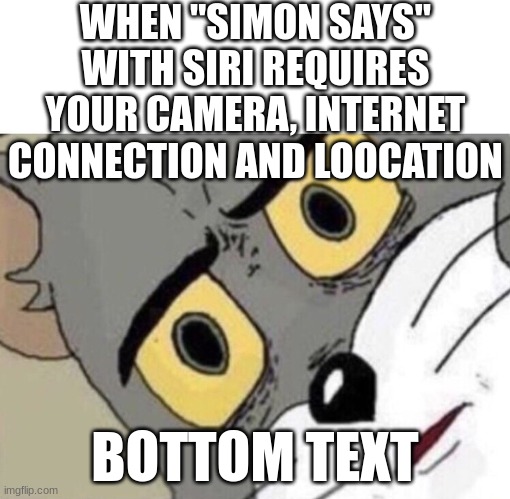 WHY? | WHEN "SIMON SAYS" WITH SIRI REQUIRES YOUR CAMERA, INTERNET CONNECTION AND LOOCATION; BOTTOM TEXT | image tagged in me everyone else | made w/ Imgflip meme maker