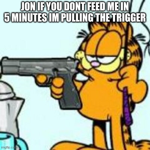 oh no | JON IF YOU DONT FEED ME IN 5 MINUTES IM PULLING THE TRIGGER | image tagged in garfield about to kill your ass | made w/ Imgflip meme maker