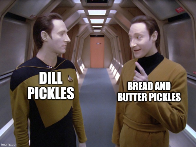 Bread and butter | BREAD AND BUTTER PICKLES; DILL PICKLES | image tagged in data lore,food,food memes,memes,funny memes,jpfan102504 | made w/ Imgflip meme maker