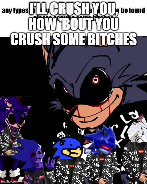 why don't you crush some bitches | I'LL CRUSH YOU, HOW 'BOUT YOU CRUSH SOME BITCHES | image tagged in exe roast | made w/ Imgflip meme maker