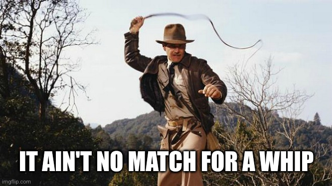 Indiana Jones Whip | IT AIN'T NO MATCH FOR A WHIP | image tagged in indiana jones whip | made w/ Imgflip meme maker