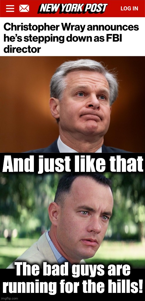 January 20 is breaking out all over -- and it's not even January yet! | And just like that; The bad guys are
running for the hills! | image tagged in memes,and just like that,christopher wray,fbi,trump derangement syndrome,bad guys | made w/ Imgflip meme maker