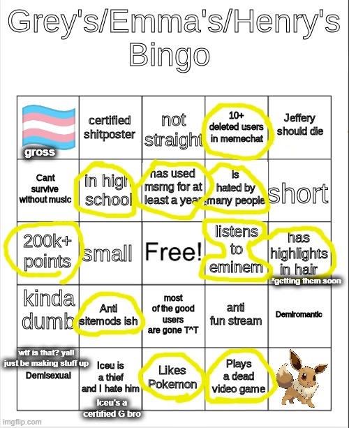 This is one of the worst bingos on here | gross; *getting them soon; wtf is that? yall just be making stuff up; Iceu's a certified G bro | image tagged in grey's/emma's bingo actually fixed | made w/ Imgflip meme maker