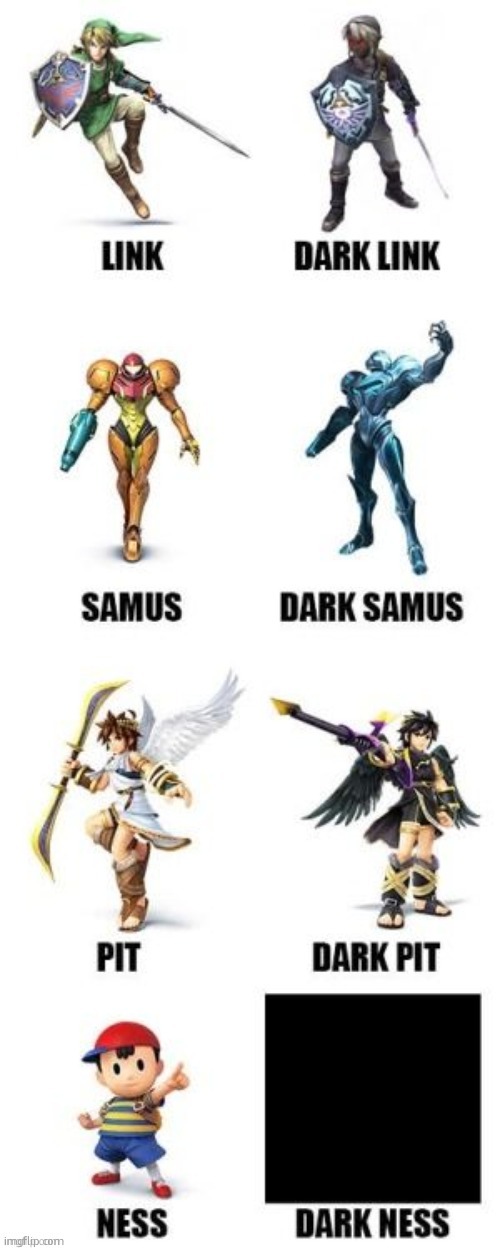 Darkness is the best character. You can't even see it. | image tagged in dark,ness,smash,link,samus,the other dude | made w/ Imgflip meme maker