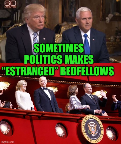 Estranged Bedfellows | SOMETIMES POLITICS MAKES “ESTRANGED” BEDFELLOWS | image tagged in gifs,biden,president trump,kamala harris,vice president | made w/ Imgflip meme maker