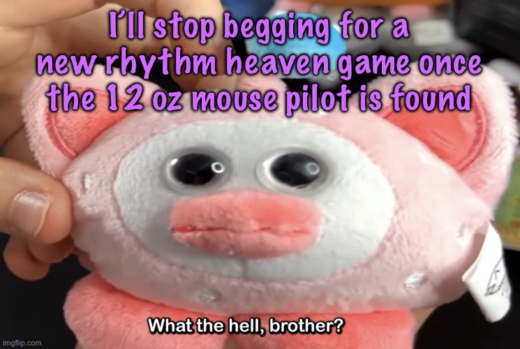 “What the hell, brother?” | I’ll stop begging for a new rhythm heaven game once the 12 oz mouse pilot is found | image tagged in what the hell brother,cinnabox announcement | made w/ Imgflip meme maker