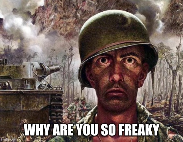 traumatized army guy | WHY ARE YOU SO FREAKY | image tagged in traumatized army guy | made w/ Imgflip meme maker