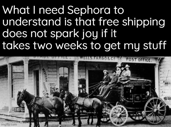 Did they Ship via Pony Express? Sheeesh! | What I need Sephora to understand is that free shipping does not spark joy if it takes two weeks to get my stuff | image tagged in funny memes,christmas gifts,shipping | made w/ Imgflip meme maker