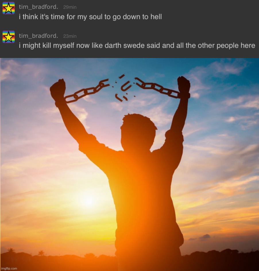 image tagged in man breaking free from chains over the sunset | made w/ Imgflip meme maker