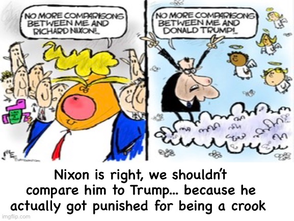 The difference between Nixon and Trump | Nixon is right, we shouldn’t compare him to Trump... because he actually got punished for being a crook | image tagged in richard nixon,trump,donald trump,comparison | made w/ Imgflip meme maker