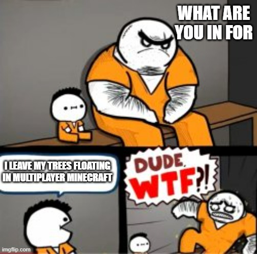 >:O | WHAT ARE YOU IN FOR; I LEAVE MY TREES FLOATING IN MULTIPLAYER MINECRAFT | image tagged in what are you in here for | made w/ Imgflip meme maker