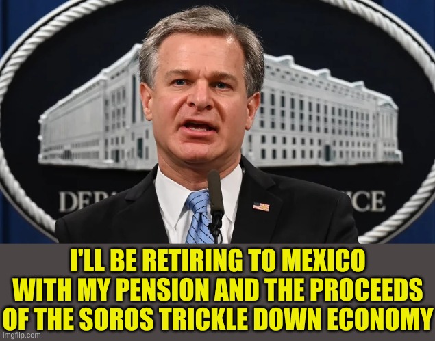 It's time for a change of scenery. | I'LL BE RETIRING TO MEXICO WITH MY PENSION AND THE PROCEEDS OF THE SOROS TRICKLE DOWN ECONOMY | image tagged in fbi wray,mexico will pay his extradition | made w/ Imgflip meme maker