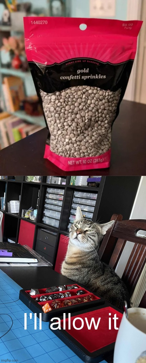 Sprinkles | image tagged in dungeon master cat,sprinkles,sprinkle,you had one job,memes,gold | made w/ Imgflip meme maker