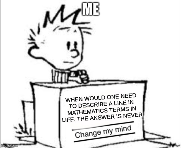 graphing sucks | ME; WHEN WOULD ONE NEED TO DESCRIBE A LINE IN MATHEMATICS TERMS IN LIFE, THE ANSWER IS NEVER | image tagged in calvin change my mind,math | made w/ Imgflip meme maker