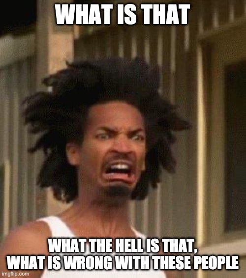 Disgusted Face | WHAT IS THAT WHAT THE HELL IS THAT, WHAT IS WRONG WITH THESE PEOPLE | image tagged in disgusted face | made w/ Imgflip meme maker
