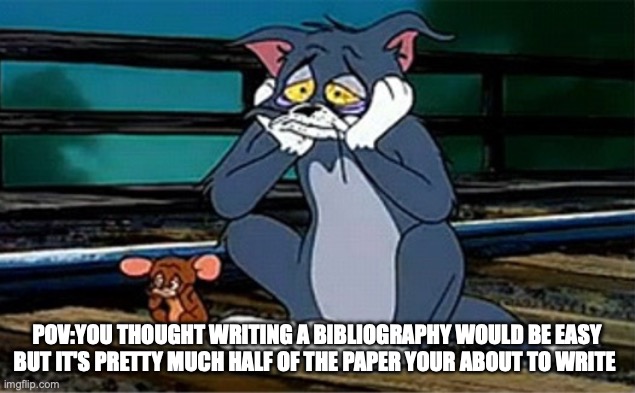 MEME | POV:YOU THOUGHT WRITING A BIBLIOGRAPHY WOULD BE EASY BUT IT'S PRETTY MUCH HALF OF THE PAPER YOUR ABOUT TO WRITE | image tagged in sad railroad tom and jerry | made w/ Imgflip meme maker