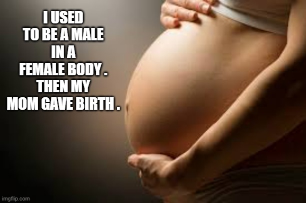 memes by Brad - I used to be a male in a female body, then my mom gave birth | I USED TO BE A MALE IN A FEMALE BODY . THEN MY MOM GAVE BIRTH . | image tagged in funny,male,female,birth,humor,play on words | made w/ Imgflip meme maker