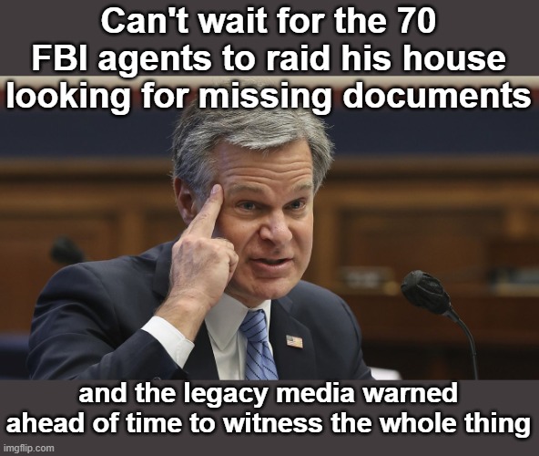 Chris Wray is a Turd | Can't wait for the 70 FBI agents to raid his house looking for missing documents; and the legacy media warned ahead of time to witness the whole thing | image tagged in chris wray | made w/ Imgflip meme maker