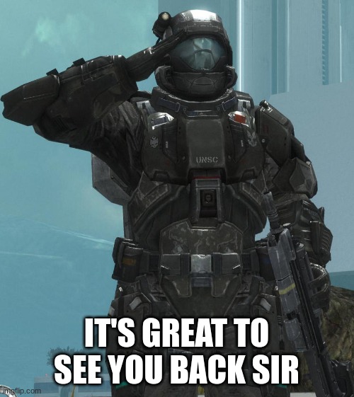 ODST salute | IT'S GREAT TO SEE YOU BACK SIR | image tagged in odst salute | made w/ Imgflip meme maker