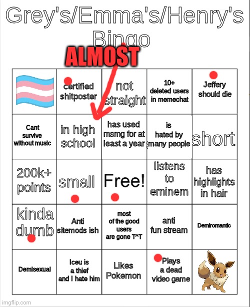 Grey's/Emma's Bingo (Actually fixed) | ALMOST | image tagged in grey's/emma's bingo actually fixed | made w/ Imgflip meme maker